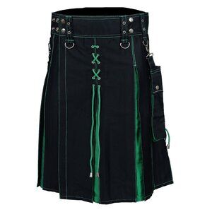 Utility Black Hybrid Kilt Green Pleats and Lacing Highlander Kilt
